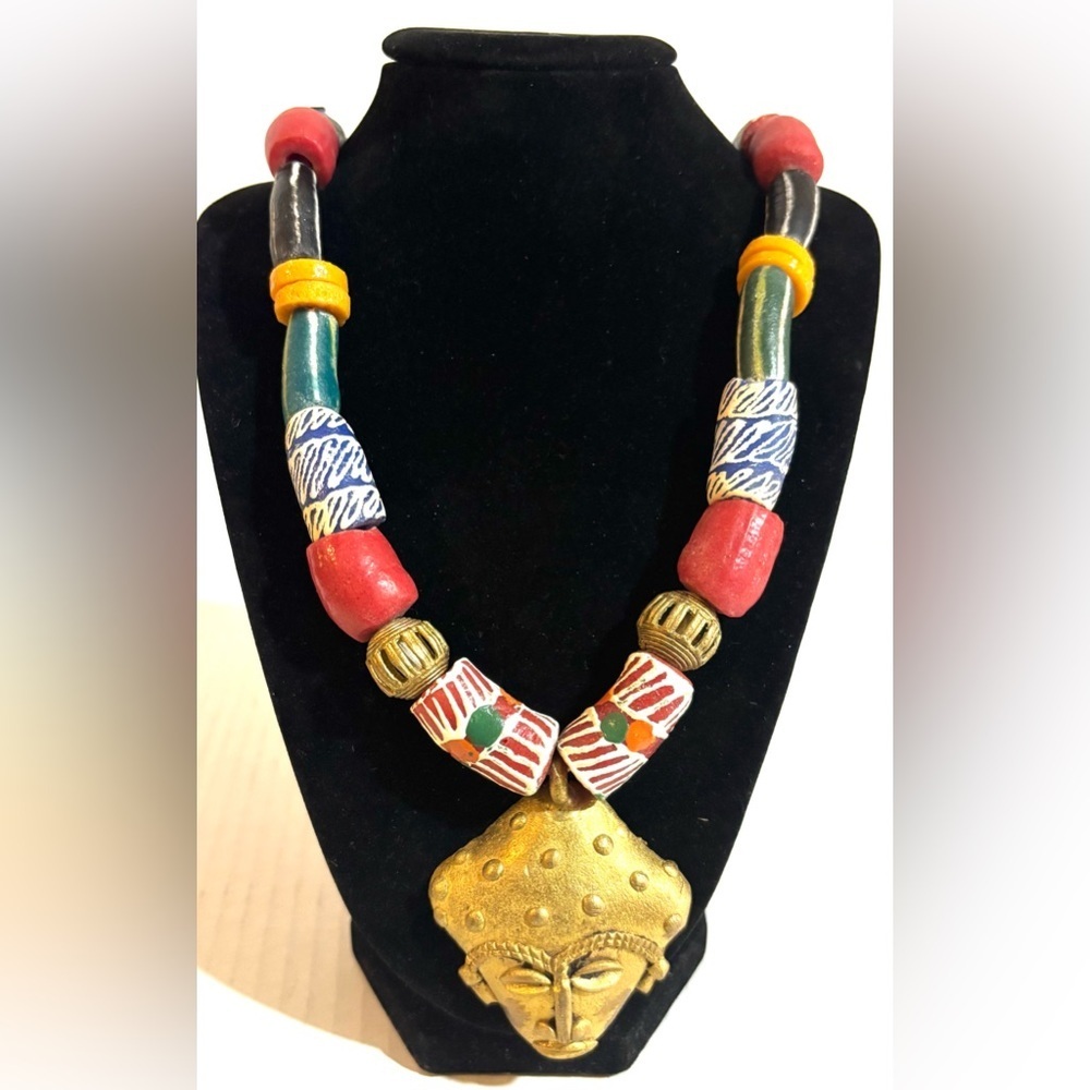 Handcrafted unisex Multicolor Statement Necklace with Gold Mask Pendant